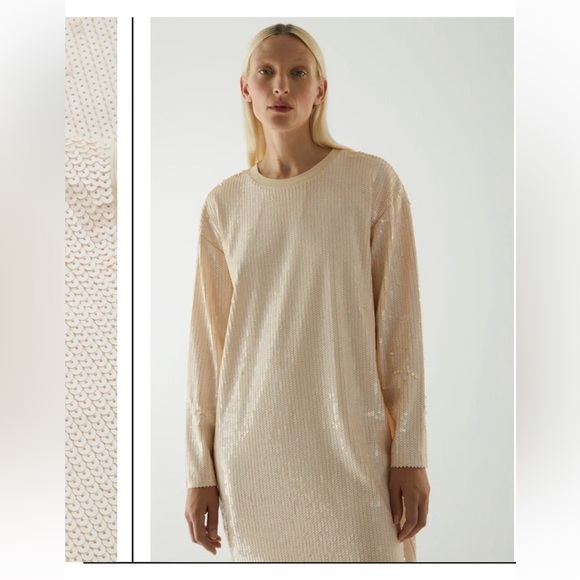 COS Cream Long-Sleeve Oversized Sequined Dress L 12/14/16 - Picture 8 of 13